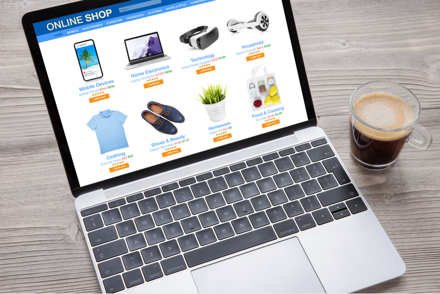 Open laptop with full cup of coffee on a light gray wooden grain desk. The laptop is displaying an online web page.